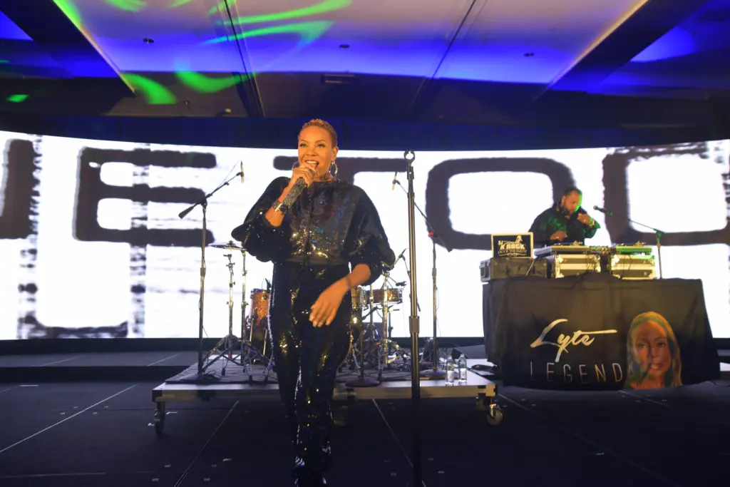 MC Lyte, renowned pioneer female rapper, rocks the crowd at the UNCF gala at the Hilton Americas-Houston.