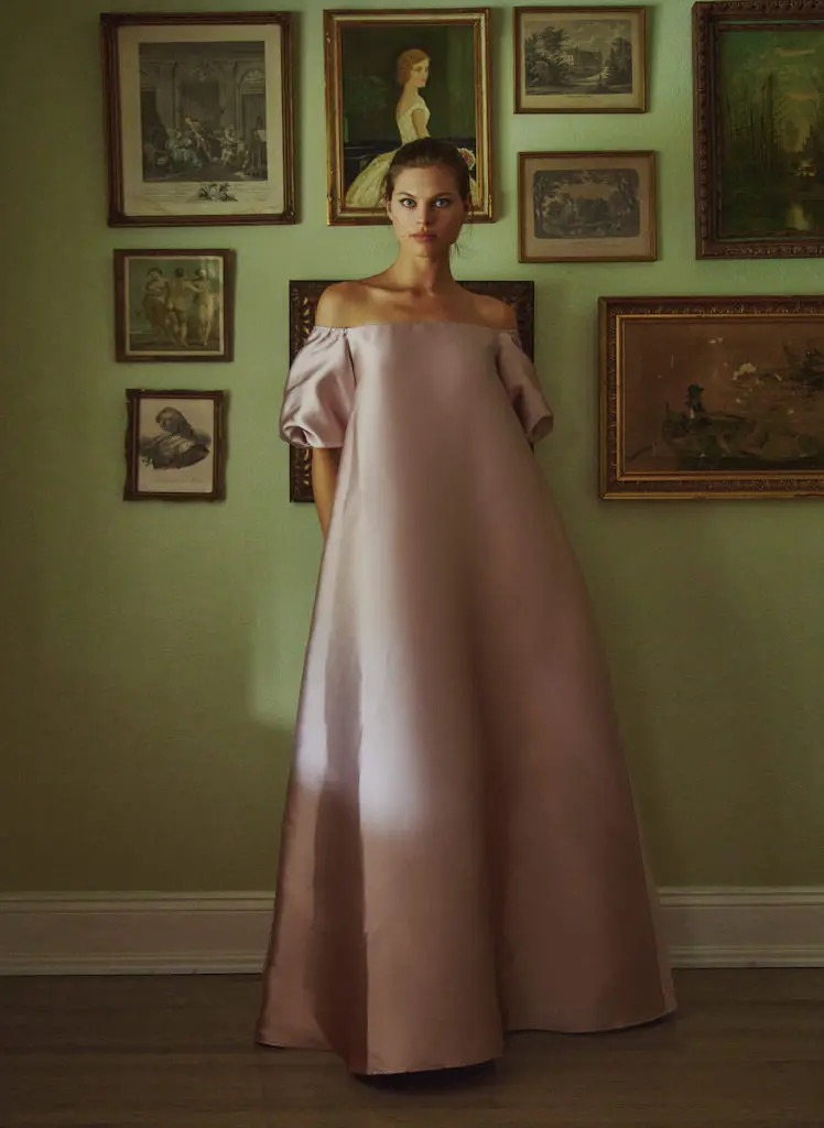 La Vie Style House Dusty Blush Silk Satin Cap Sleeve Ball Gown, $2,150 exclusively on Over the Moon. (Photo by Élio Nogueira)