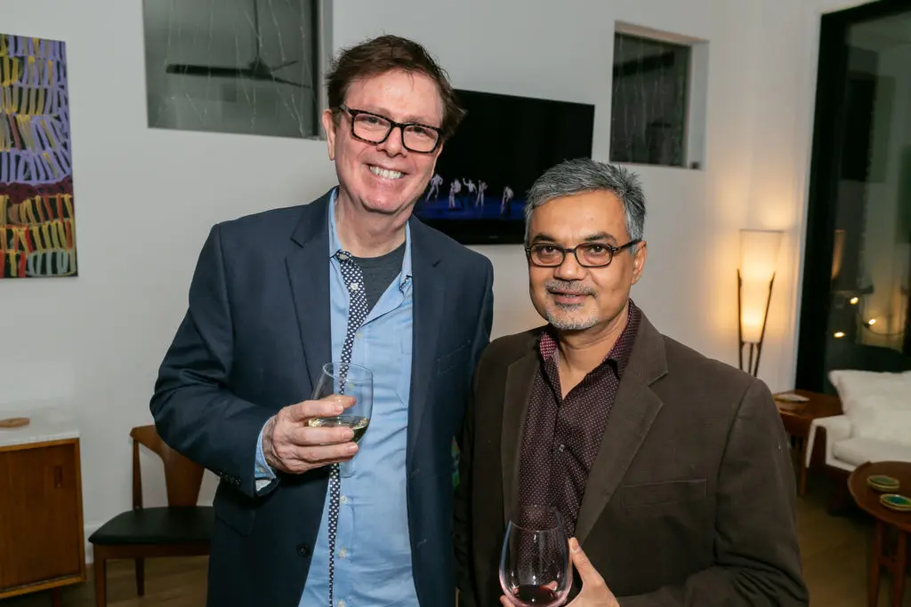 ISHIDA board member Clark Senders, Jitesh Chanchani at ISHIDA cocktail kickoff for "stirs up still things" (Photo by Emily Jaschke)
