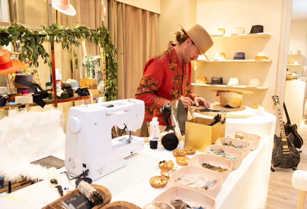 Custom hats by Teressa Foglia being assembled.  (Photo by George Fiala)