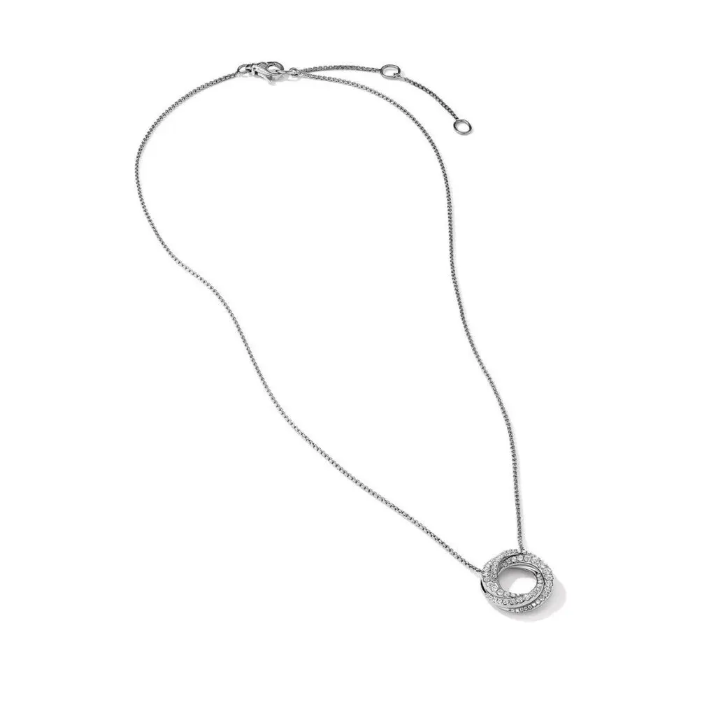 David Yurman 18k white gold rhodium plated Crossover 15.5mm petite pave crossover pendant necklace with round diamonds weighing 0.35 carat total weight, 17"; $3,200