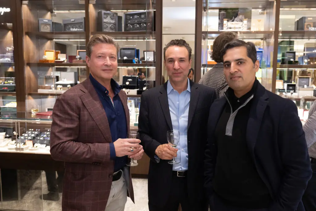 Ross Koller, James Gillebaard and friend  at Valobra's Ferrari Festival kick-off soirée. (Photo by Wilson Parish)