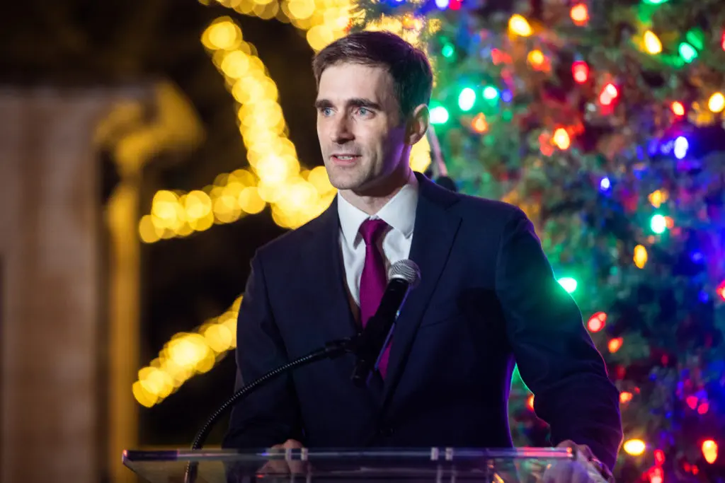 Dr. David McCall addresses the gathering at the Santa's Elves Party, held at The Fertitta Family home in River Oaks,  benefitting MD Anderson Children's Cancer Hospital.