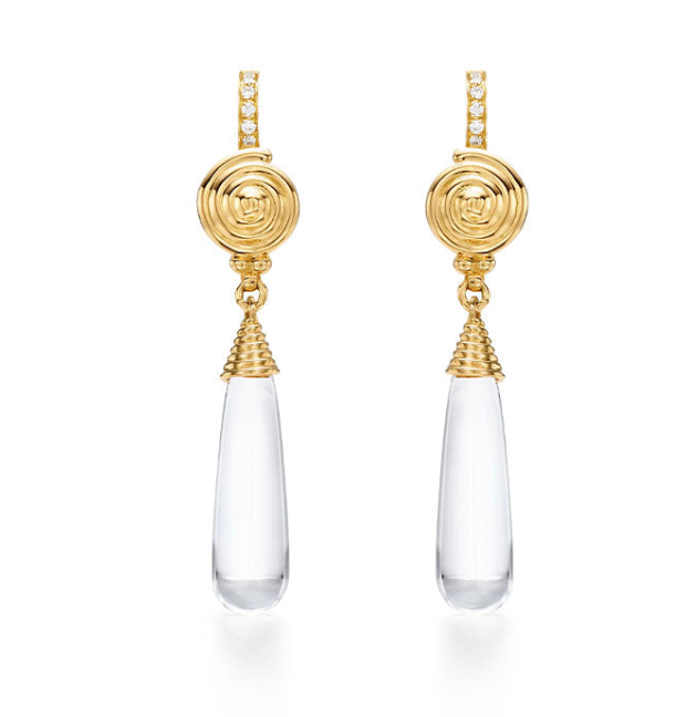 Temple St. Clair Spellbinding spiral yellow gold drop earrings with natural rock crystal, $2500