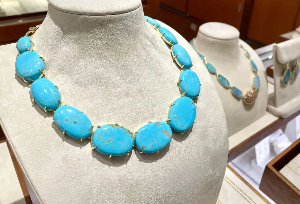 A one of a kind polished Kingman turquoise necklace on display this week. Photo by Courtney Dabney.