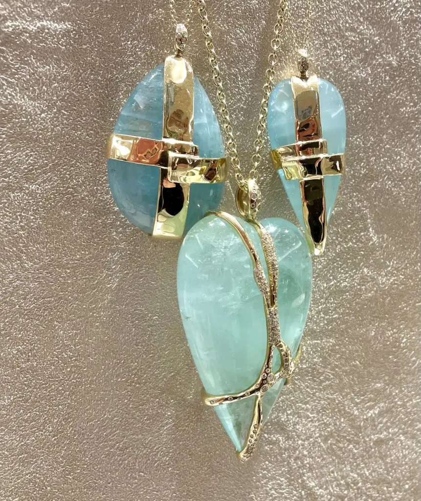 For Ippolita Rostagno the material dictates the design, like these one of a kind aquamarines set in hammered gold.