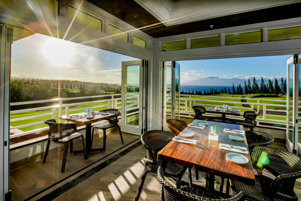 The view from Kapalua's Plantation House restaurant overlooking the pristine golf course.
