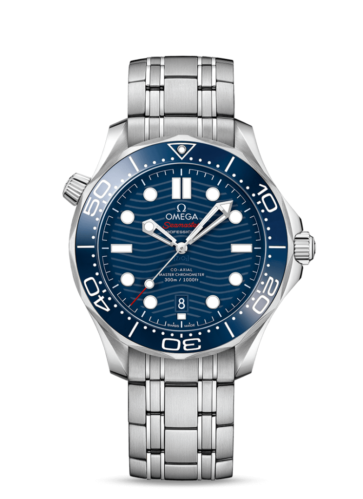 Omega Seamaster Diver 300M Co-Axial steel 42mm blue ceramic bezel with blue wave index dial on steel bracelet; $5,400
