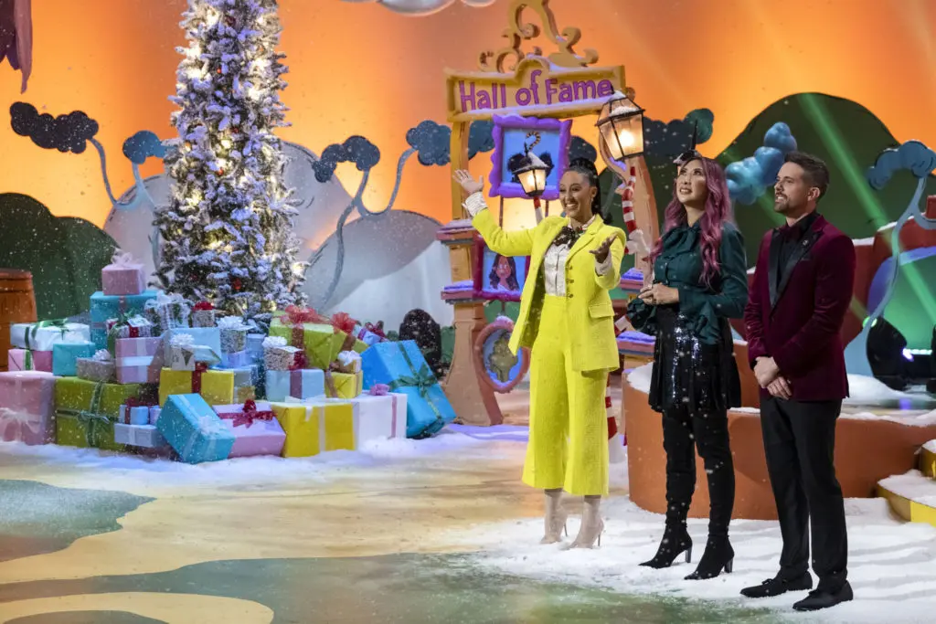 Hostess Tamera Mowry-Housley, and judges Clarice Lam and Joshua John Russell welcome contestants to the Suessville set.