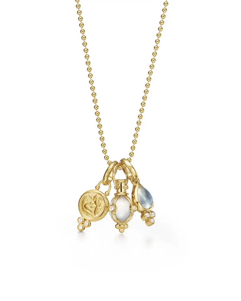 Temple St. Clair Heavenly yellow gold necklace with pave diamond angel pendant, moonstone charm and rock crystal amulet, $3900