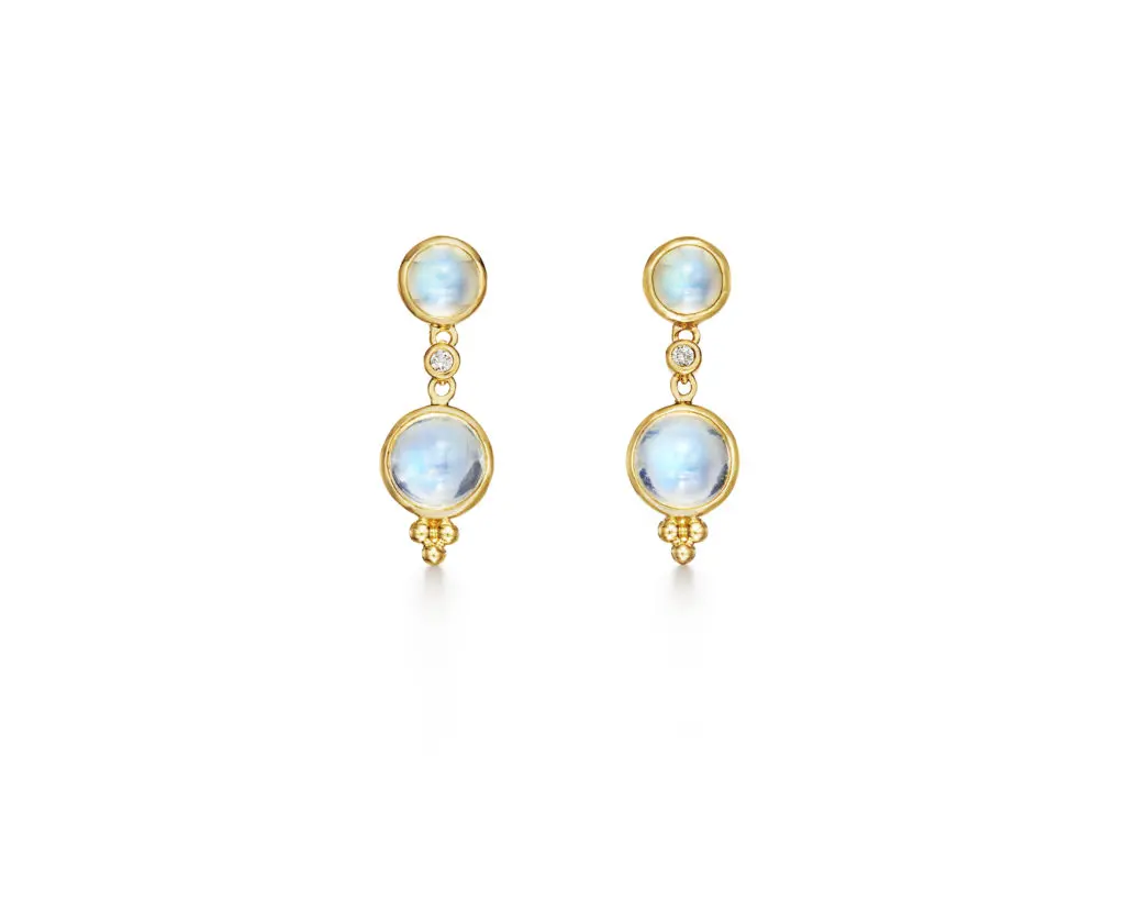 Temple St. Clair gold drop earrings featuring serene moonstone and diamond accents, $3400