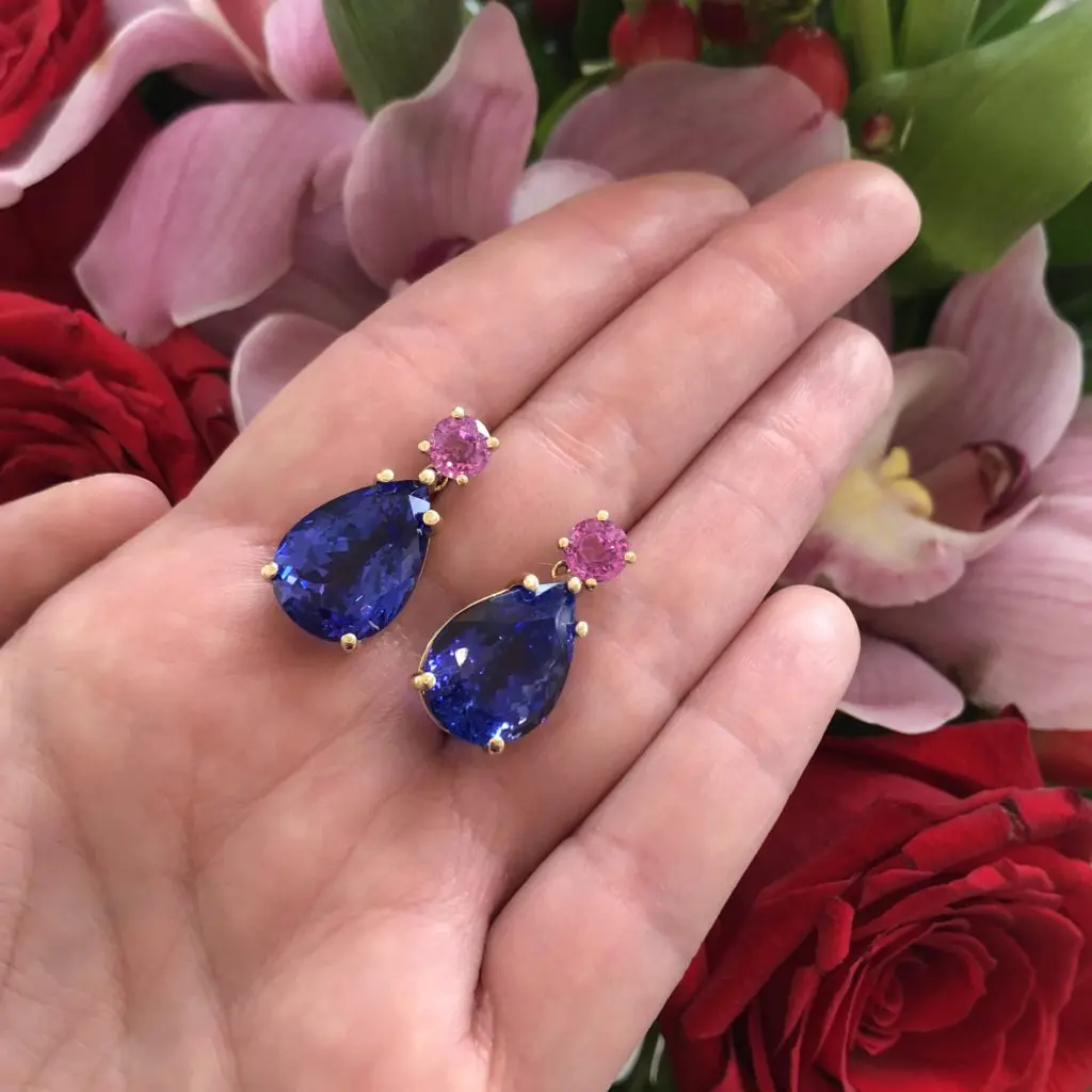 A pair of 30.95 carat bespoke tanzanite and pink sapphire drop earrings made in-house by master jewelers in the Tenenbaum Workshop