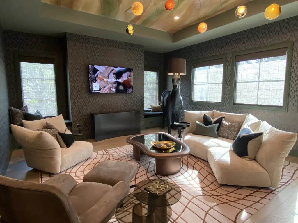 The second floor family room in the ASID TXGC Show House in West University. Note the life-sized horse with a lamp on his head. 