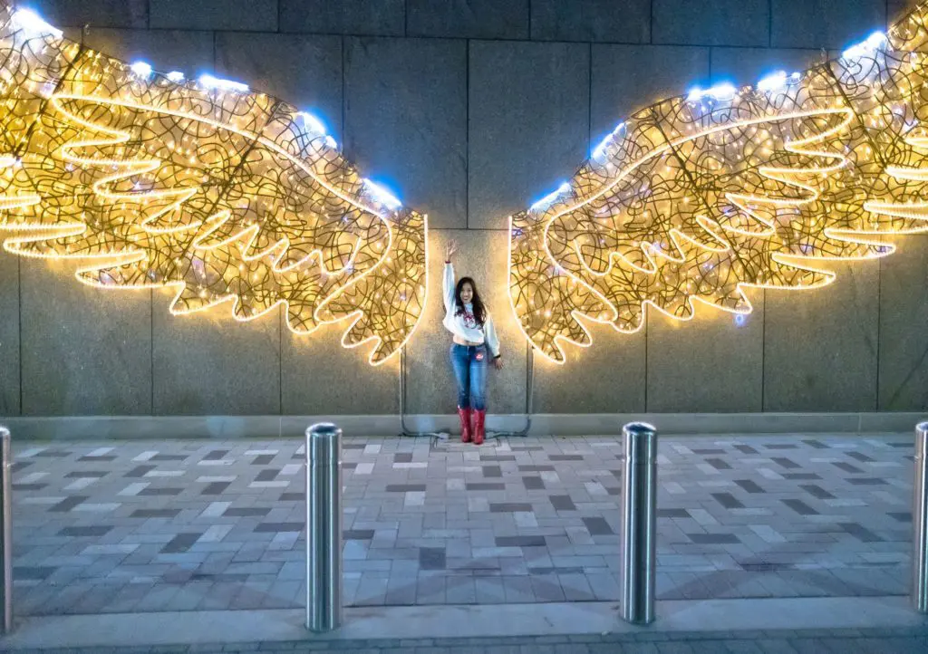 Take a photo in front of the signature angel wings at Winter Wanderland on Bagby Street (Courtesy Central Houston)