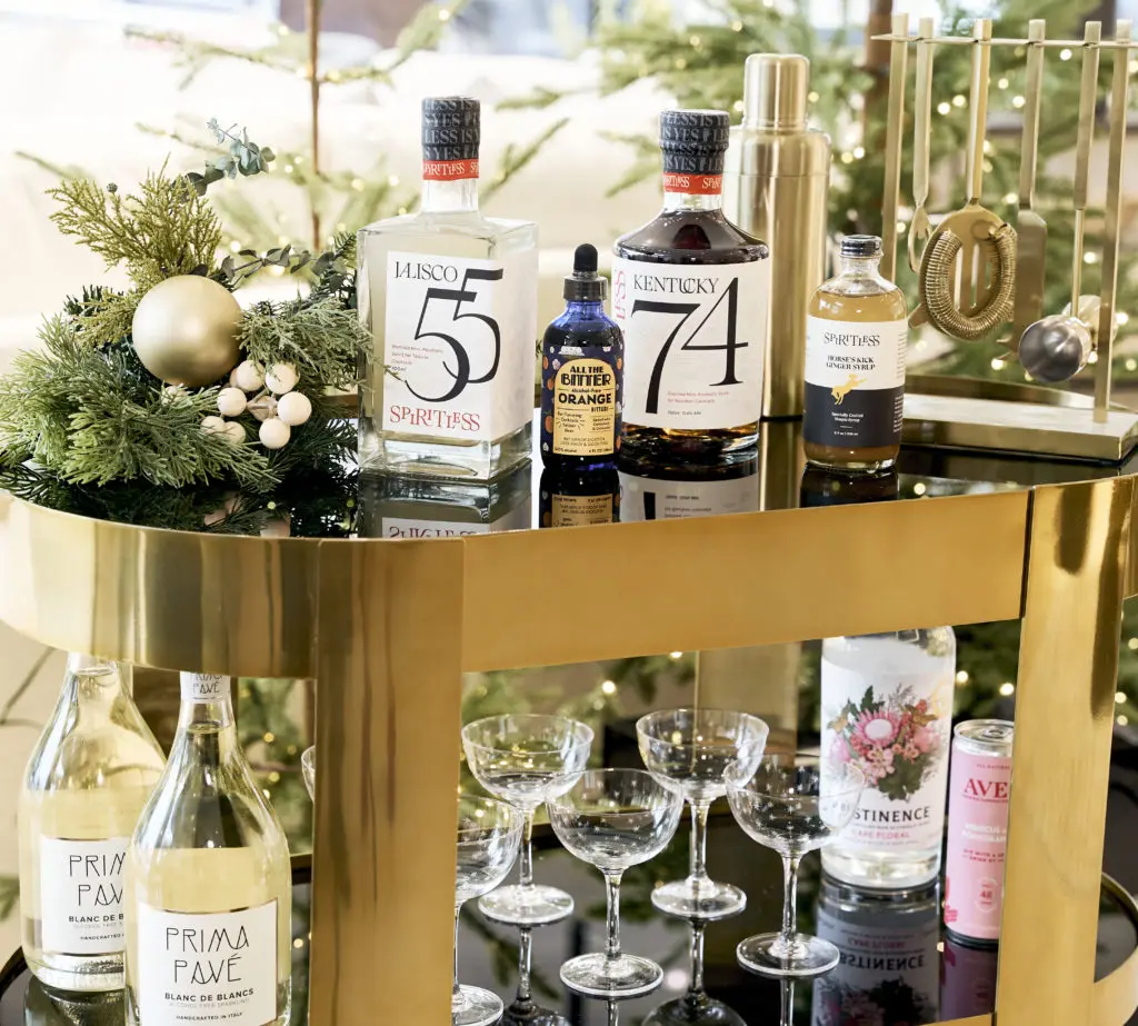 A well-stocked zero-proof bar cart assures that all your guests can socialize in the spirit of the season. Photo by Brian Hutson, The Elevate Elixir. 
