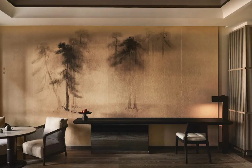 Designer Jean-Michel Gathy’s serene palette in an Aman New York suite. (photo by Robert Rieger)