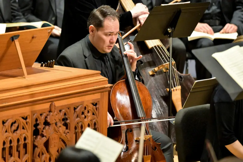 Cellist Eric Taeyang Mun performing at the Bach Society Houston Christmas Oratorio at Brockman Hall for Opera at Rice University. (Photo by Maria Lysaker)
