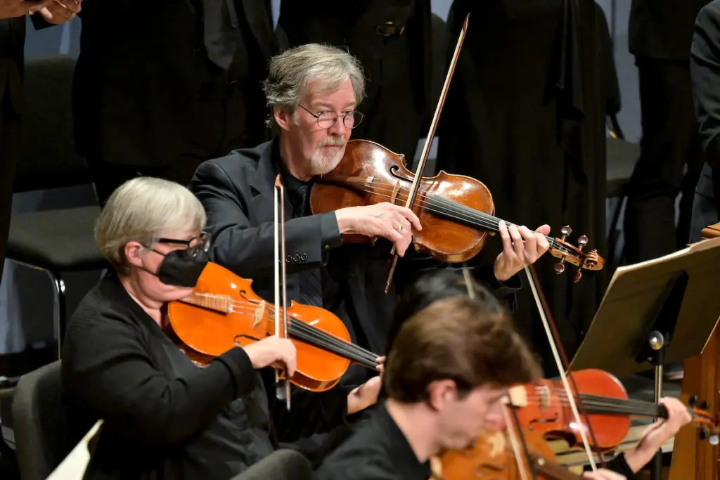 Strings performing at the Bach Society Houston Christmas Oratorio at Brockman Hall for Opera at Rice University. (Photo by Maria Lysaker)