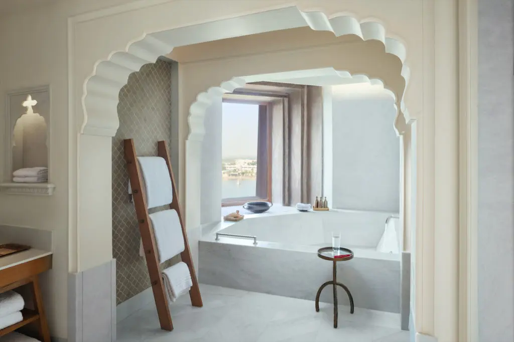 The Rani Rajkumari Suite bathroom at Six Senses Fort Barwara. 