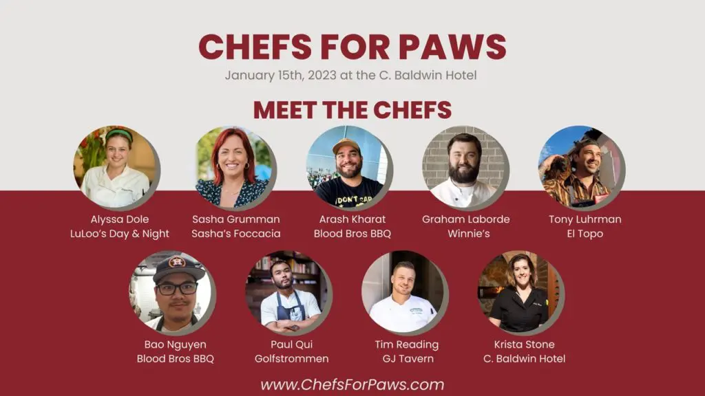 This year's Chefs for Paws lineup of chefs include these talented toques. The dinner event kicks off at 5 pm on January 15 at The C. Baldwin Hotel.