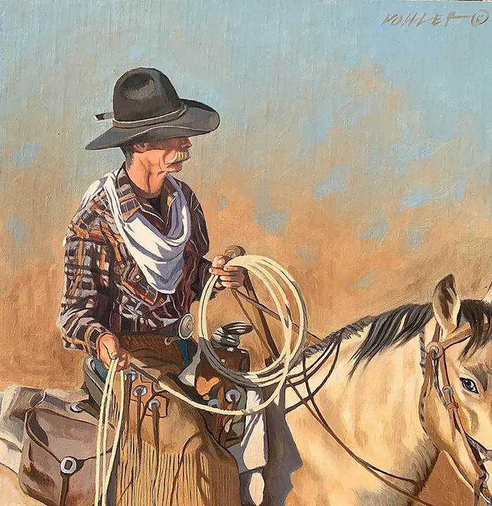 Mark Kohler's "Dust Traveler," 2022, at Red & White Gallery offers a timeless take on the mystique of the cowboy. 
