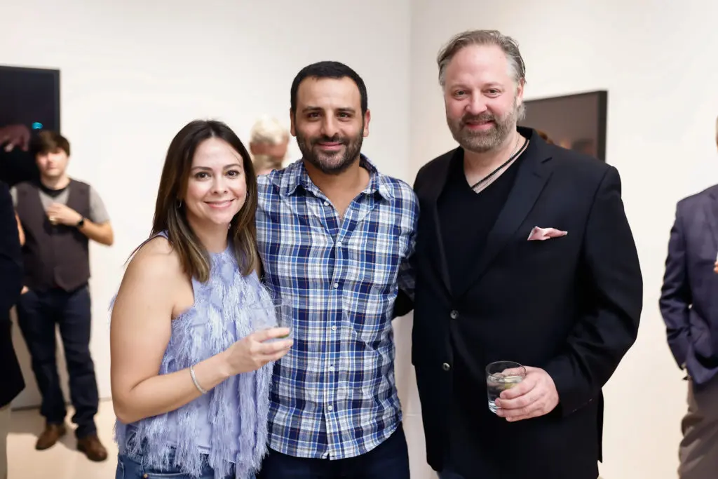 Natalie & Steve Mohtashami, Jason Aigner at Leslie's Legacy cocktail at McClain Gallery (Photo by Johnny Than)