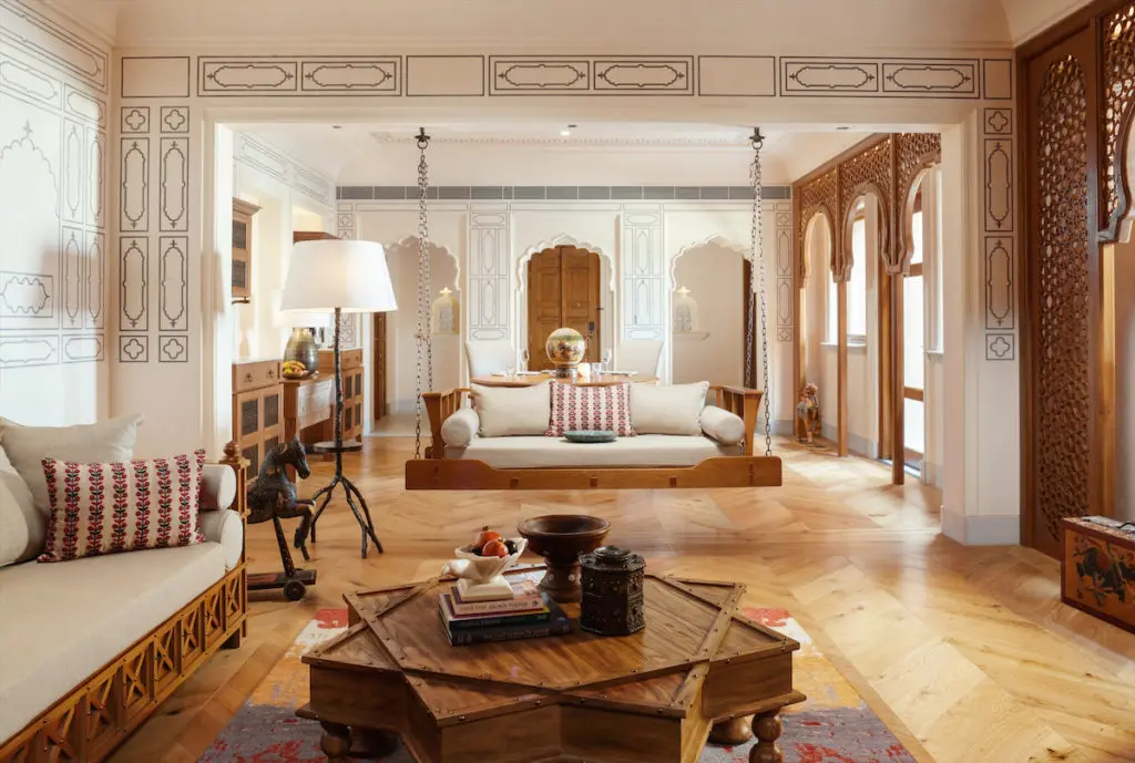 The Rani Rajkumari Suite living room at Six Senses Fort Barwara. 