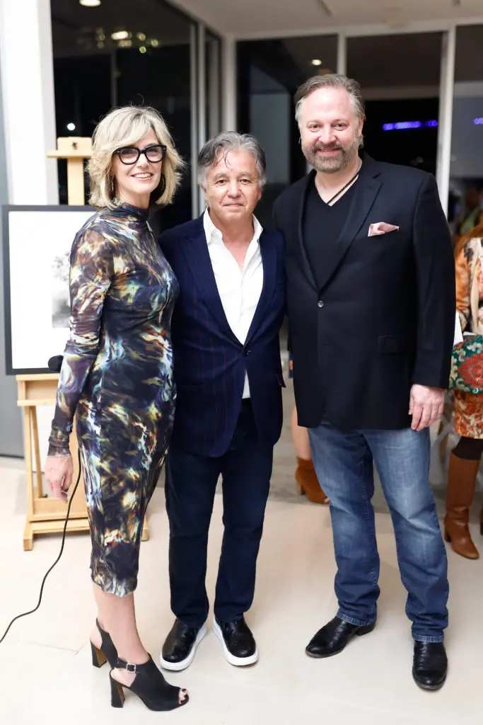 Art Museum of South Texas director Sara Morgan, McClain Gallery owner Robert McClain, Jason Aigner at Leslie's Legacy cocktail at McClain Gallery (Photo by Johnny Than)