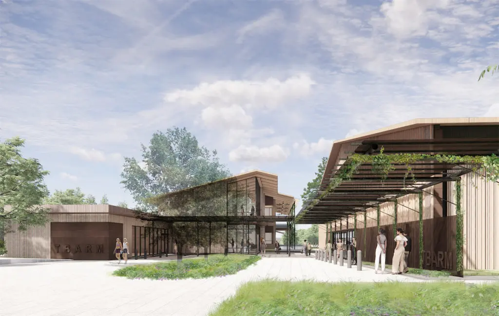 A rendering of a new 20,000-square-foot clubhouse at T Bar M Racquet Club in North Dallas. (courtesy of Lake | Flato) 