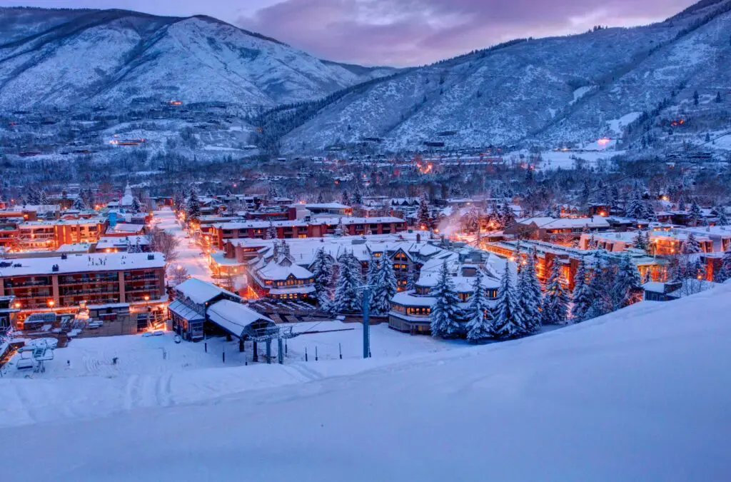A view of The Little Nell, a 5-star hotel in Aspen, at night. (courtesy)