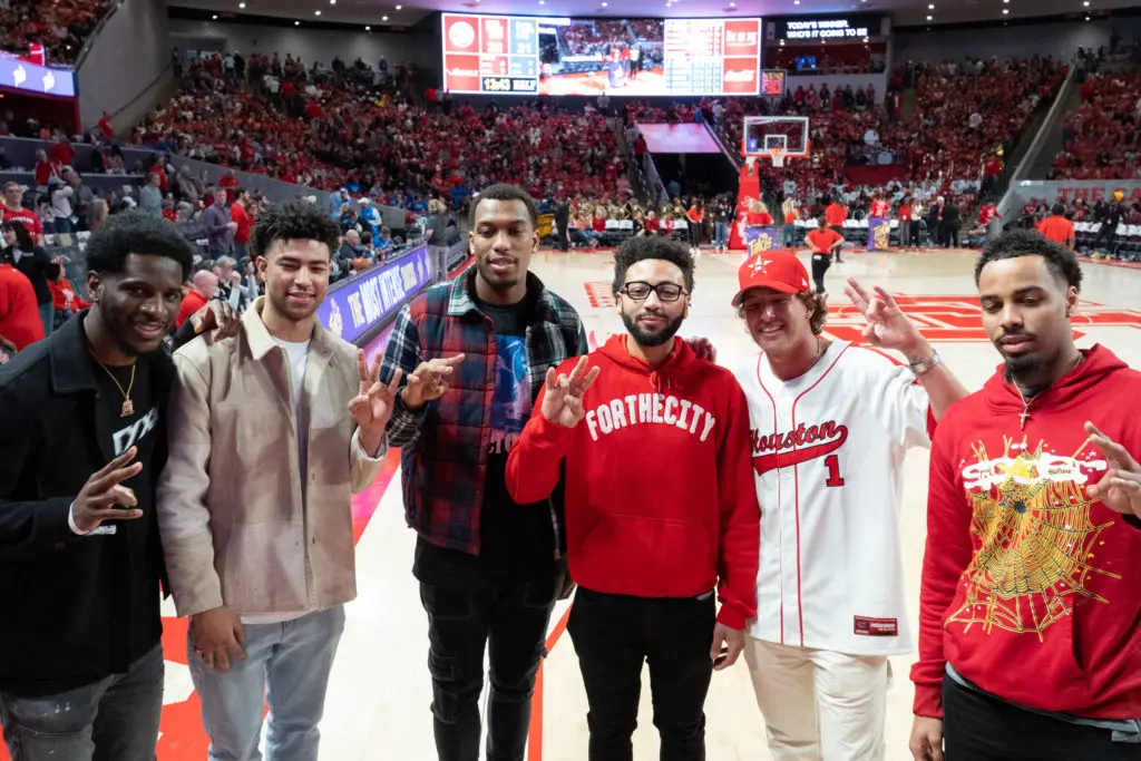 Former University of Houston players Damyean Dotson, Quentin Grimes (Knicks), Fabian White Jr., Galen Robinson, Landon Goesling and Kyler Edwards all came back to the Fertitta Center. (Photo by F. Carter Smith)