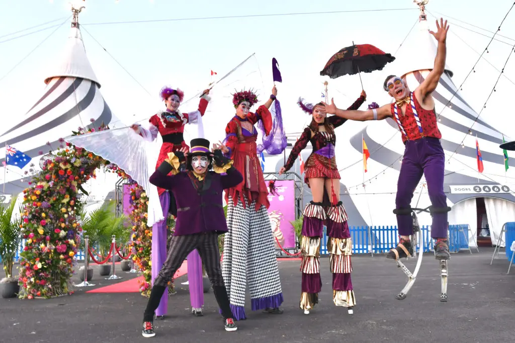 Acrobats and performers mingled among guests at the Cirque du Soleil KOOZA premiere.  (Photo by Alex Montoya)
