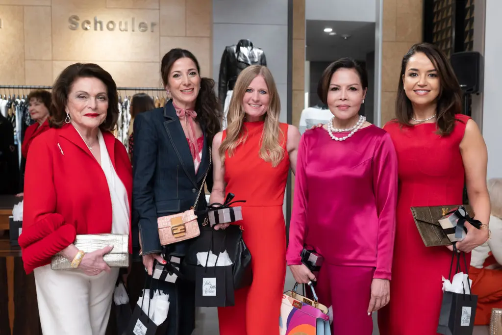Honorees Beth Wolff, Saula Valente, Melissa Murphy, Nini Hale, Maria Moncada Alaoui at Saks Fifth Avenue for the Houston Sweethearts tea party. (Photo by Daniel Ortiz)