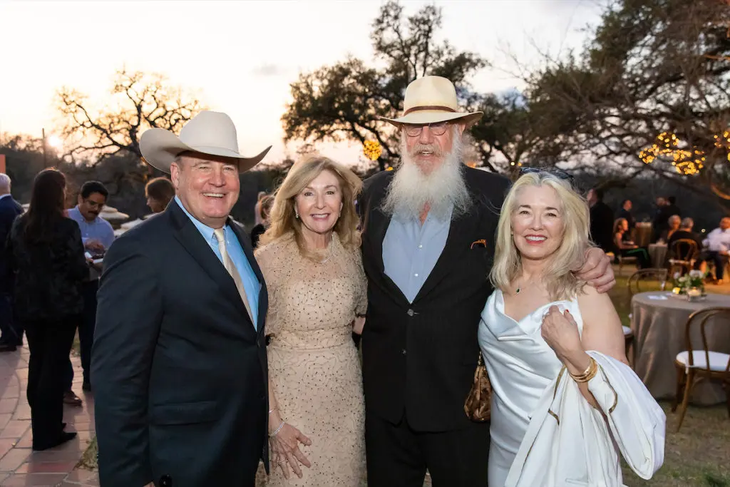 Steve LaMantia, co-chair Linda LaMantia, and Grammy Award-winning musician Ray Benson at the 2023 Texas Medal of Arts Awards cocktail reception at the Commodore Perry Estate in Austin. 