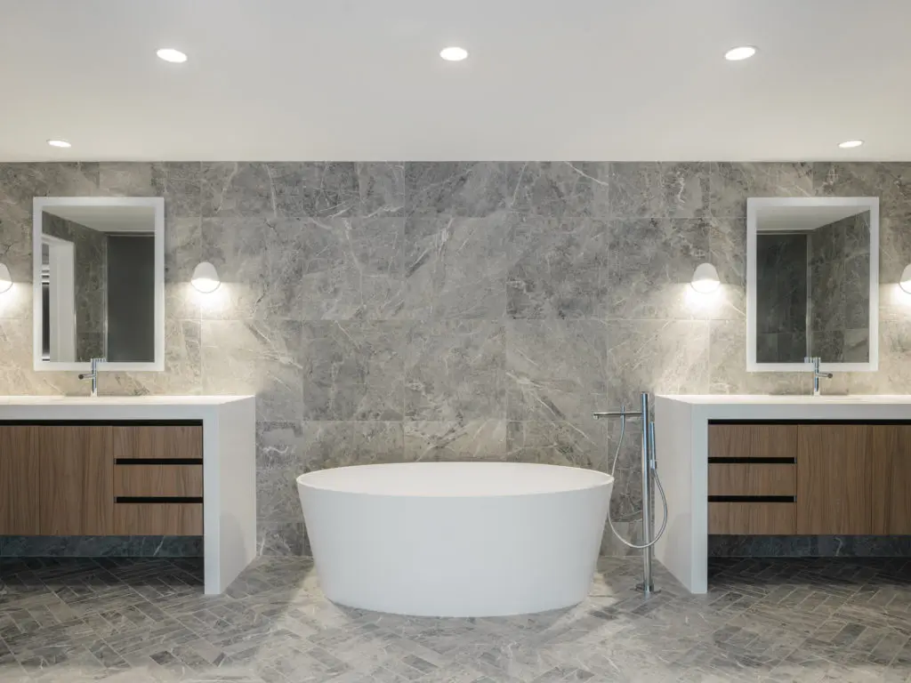 The primary bath in the CASA Companies condo in The River Oaks. (Photo by Divya Pande)