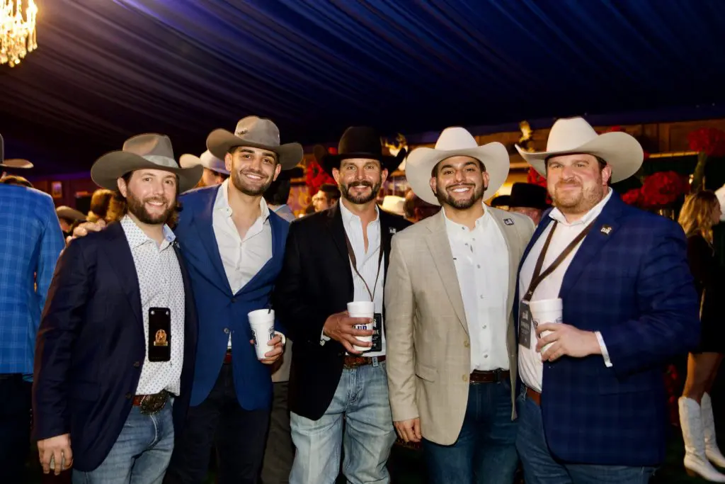 Travis Bice, Hayden Layne, Matt Thompson, Louis Martinez, Jesse Luke at the Cotton Q Club at the Houston Livestock Show & Rodeo barbecue cook-off. (Photo by Ashley Patranella, Painted Peacock Photography)