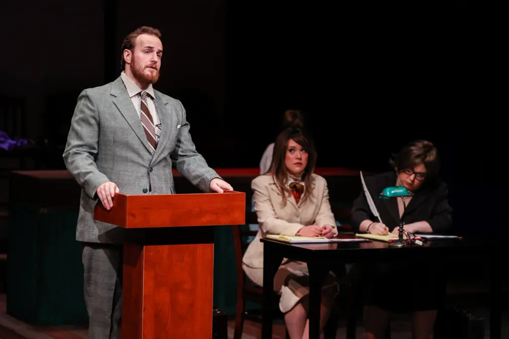 Aaron Ruiz and Kelley Peters (Sarah Weddington) in Stages production of ROE (Photo by Melissa Taylor)