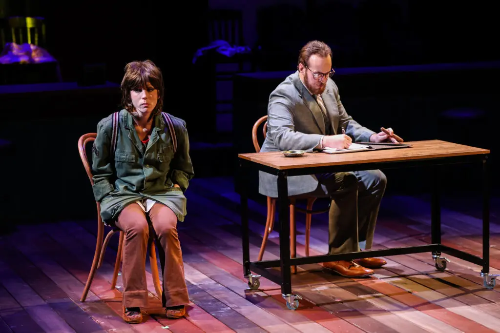 Teresa Zimmerman (Norma McCorvey) and Aaron Ruiz in Stages' production of ROE (Photo by Melissa Taylor)