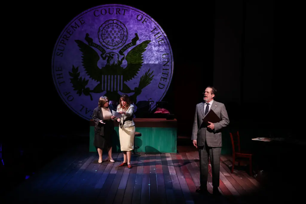Thomas Prior, Kelley Peters (Sarah Weddington) and Chaney Moore in Stages production of ROE (Photo by Melissa Taylor)