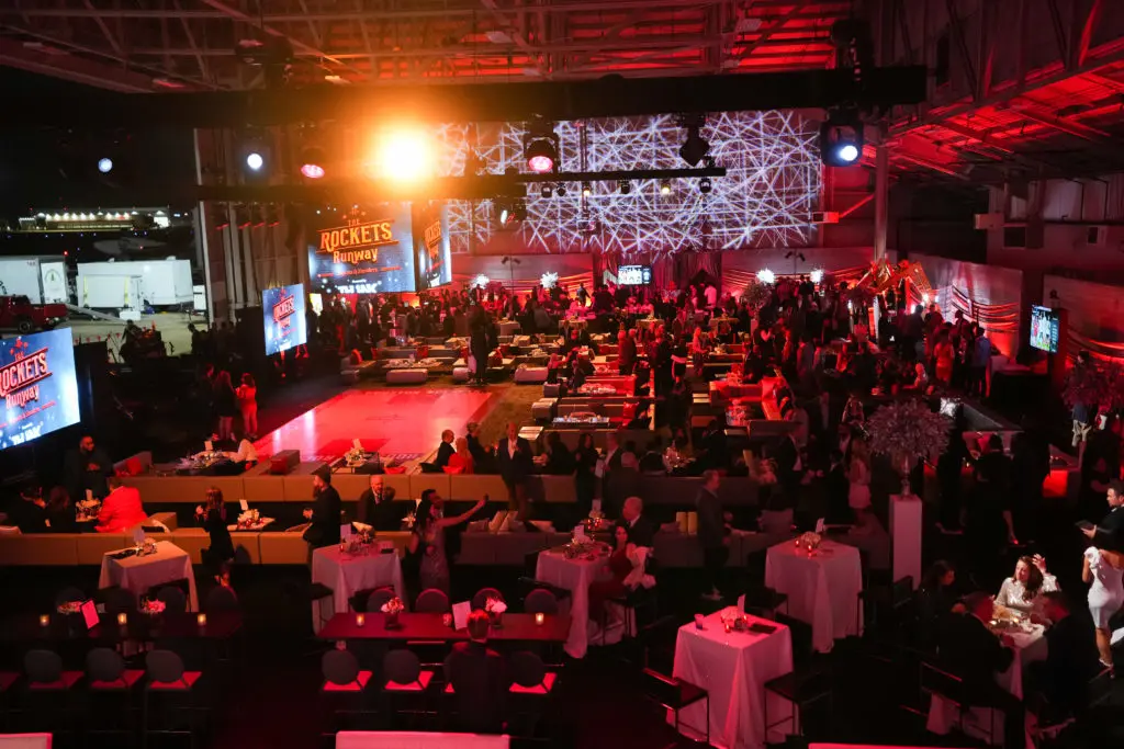The scene at the Houston Rockets Clutch City Foundation gala at the Landry's hangar at Hobby Airport.
