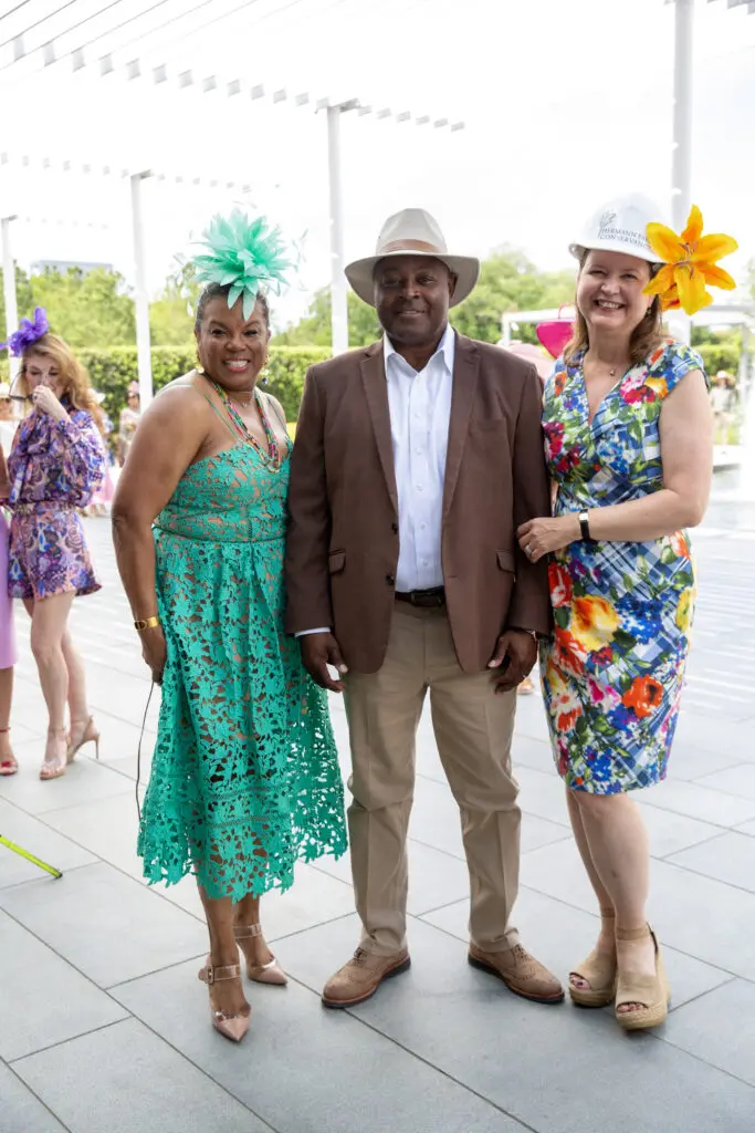Demetra Jones, Kenneth Allen, Doreen Stoller at the Hermann Park Conservancy's 'Hats in the Park' luncheon (Photo by Jenny Antill)