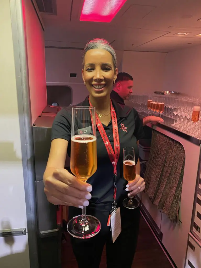 Champagne for VIPs boarding the Houston Rockets team plane at the Houston Rockets Clutch City Foundation gala at the Landry's hangar at Hobby Airport. (Photo by Shelby Hodge)