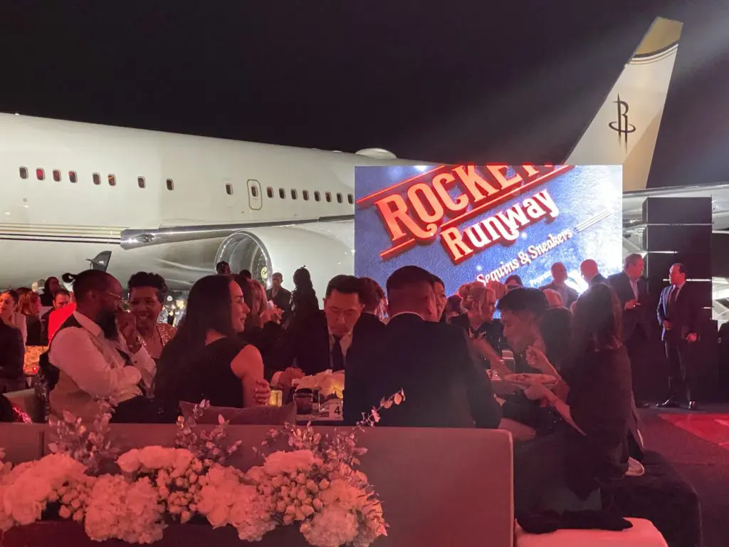 The scene at the Houston Rockets Clutch City Foundation gala at the Landry's hangar at Hobby Airport.