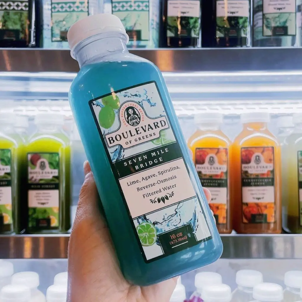 Don't forget the juice. Boulevard of Greens most popular juice is the Seven Mile Bridge, tinged blue from spirulina.