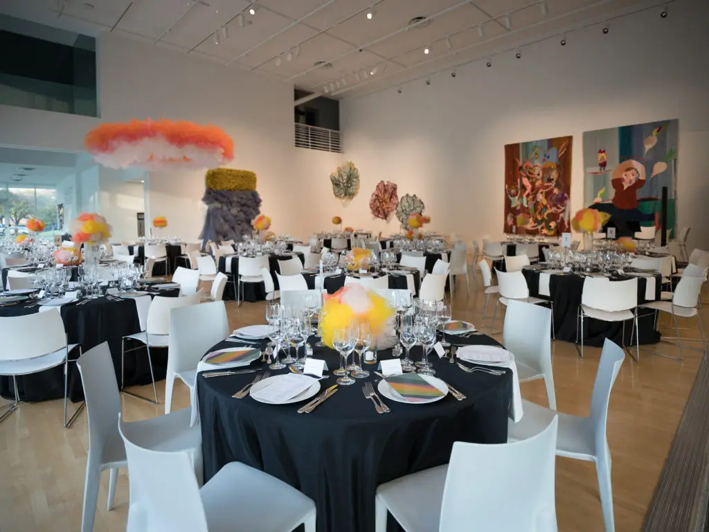 Each dinner table at Moody Center for the Arts' A Dinner for the Moody was decorated with a unique centerpiece designed by artist Ana María Hernando, whose work is included in the group exhibition "Narrative Thread," on view that night. (Photo by Daniel Ortiz)