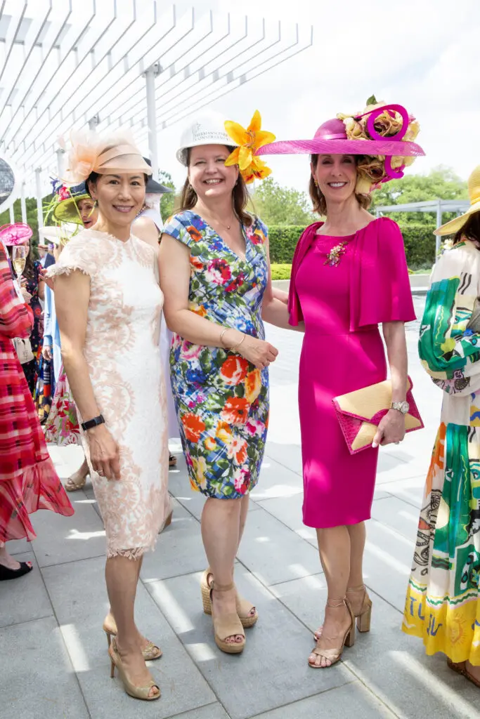 Y. Ping Sun, Doreen Stoller, Phoebe Tudor at the Hermann Park Conservancy's 'Hats in the Park' luncheon (Photo by Jenny Antill)