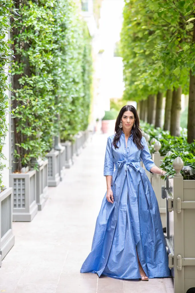 Caitlin Wilson in a gown by Luciana Emilia made in Wilson’s Bluebelle Stripe silk