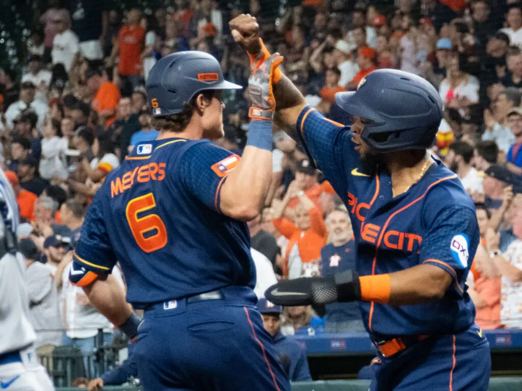Houston Astros Jake Meyers and Corey Julks are Minor League buddies who are making a Major League impact together. (Photo by F. Carter Smith)