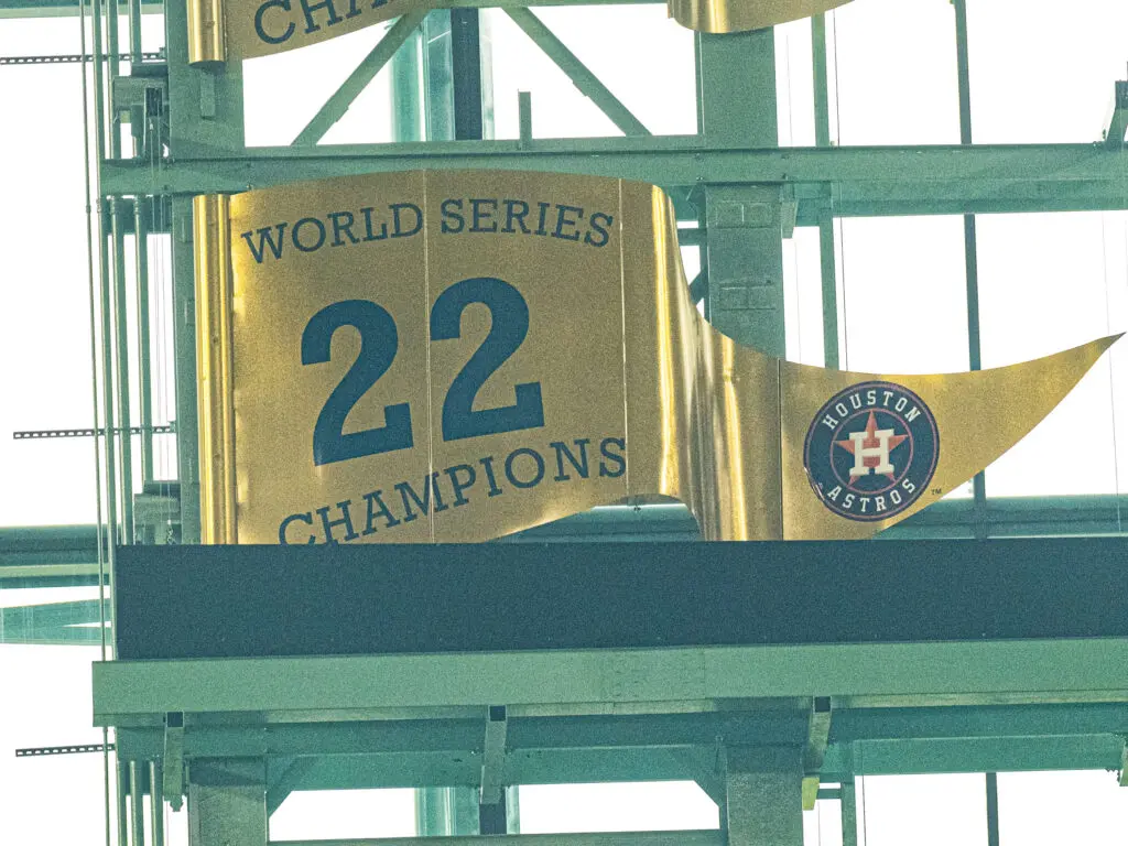 That gold 2022 world championship flag always will be there at Minute Maid Park. (Photo by F. Carter Smith)
