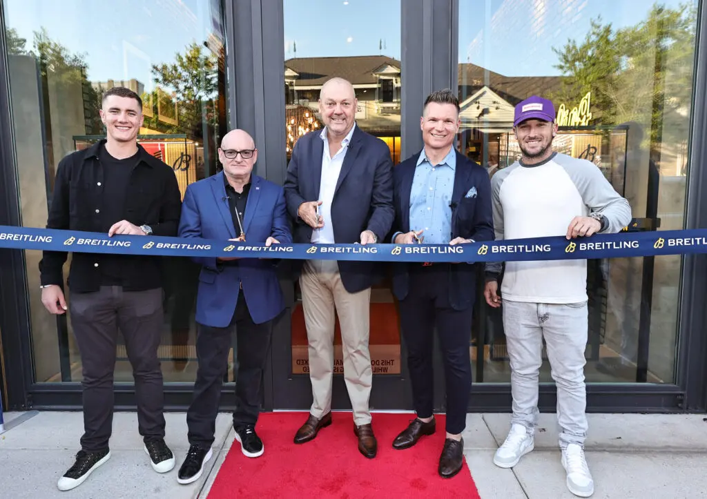 Hunter Brown, Scott Kelly, Thierry Prissert, Slade Lewis and Alex Bregman cut the ribbon at the new Breitling boutique in The Woodlands. (Photo by Bob Levey/Getty Images for Breitling)